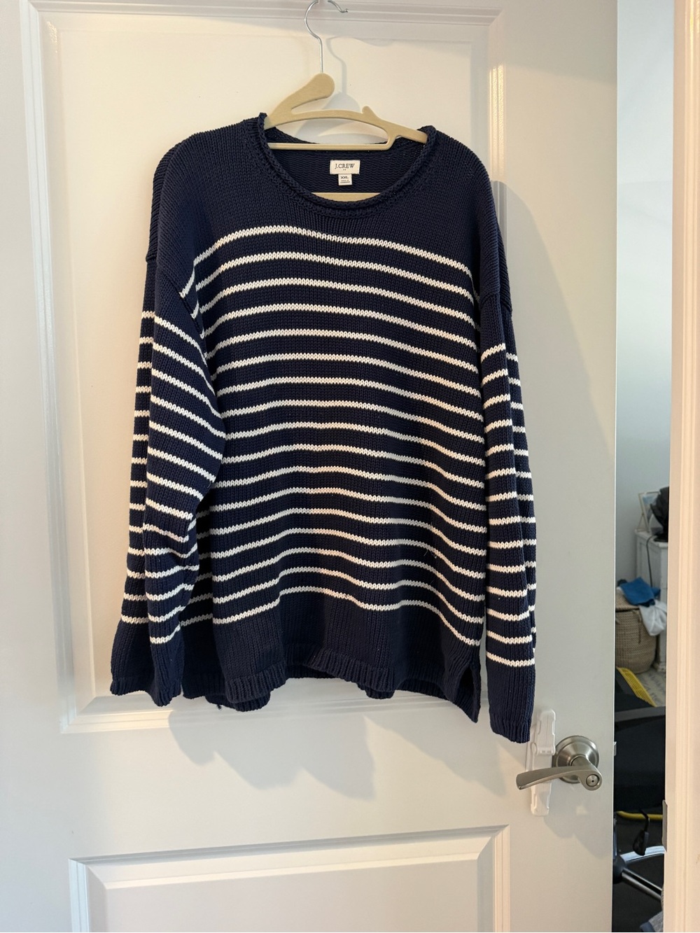 J. Crew Navy and White Striped Cotton Crewneck Sweater